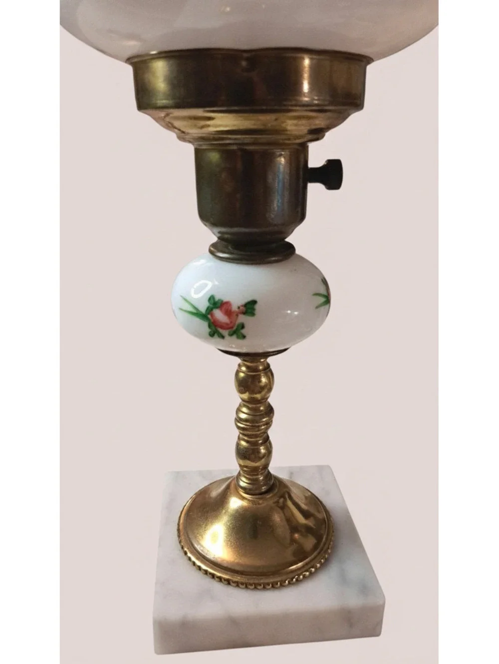Set of Vintage Milk Glass/Brass/Marble Base Hand Painted Lamps
